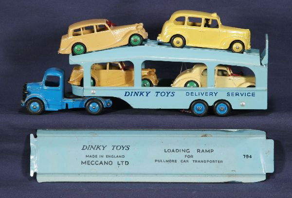 NETTE - DINKY Pullmore Car Carrier with Cars: 982 Car Carrier w/794 Loading Ramp, C8; Restored Austin Taxi, 2 Restored Triumphs & a touched up Riley Sedan