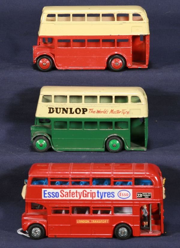 NETTE - 3 DINKY Double Decker Busses:: 289 Routmaster, some sticker wear, o/w C8; 280 Postwar Dunlop Bus, C7; 290 Prewar Red & Cream, circa 1938, C7+