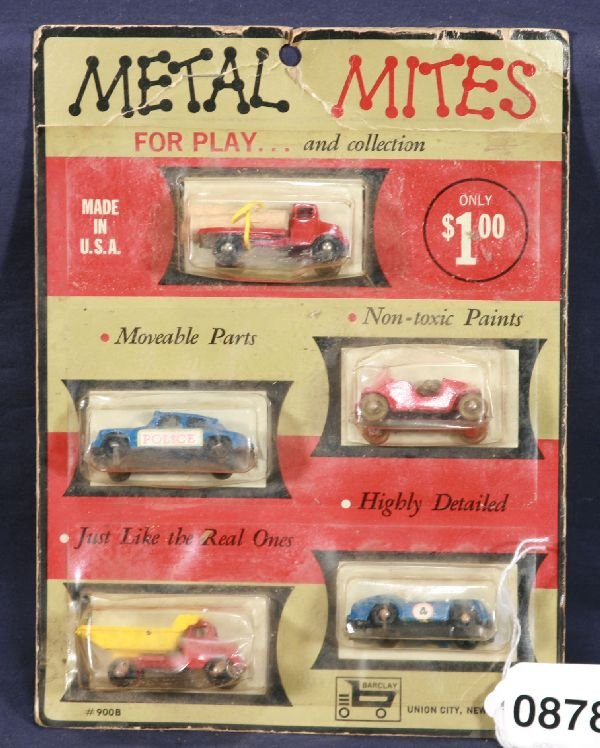 NETTE - BARCLAY Metal Mites Vehicle Asst:: Unusual to find boxed Barclay anything, besides a 5-pc asst. includes Log Truck, Police Car; Old Timer; Dump Truck & Racer, card a bit worn, cars MIP, C10
