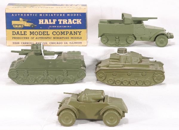 NETTE - 4 DALE MODELS Military Vehicles:: Used as WWII Spotters then sold outright for civil defense. Cast Bronze; 7" L; Halftrack, ob, C9; 105MM Mobile Howitzer; Armored Car; German C-type Light-Med. Tank, o/w C8