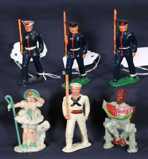 NETTE - 6 DIMESTORE Figures, 1 Rare!: Black Man Eating Watermelon; Rare Little Bo Peep; 3 Marching Marines; Marching Sailor, C8-9