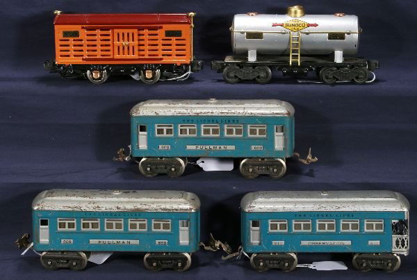 NETTE - 5 LIONEL Pre War Cars: 2 #609 Pullmans; 611 Obsv, C5+; 806 Cattle & 804 Sunoco Tank car, both have wonderful tops(C7+), with modified frames & postwar trucks/couplers, Got frames?!