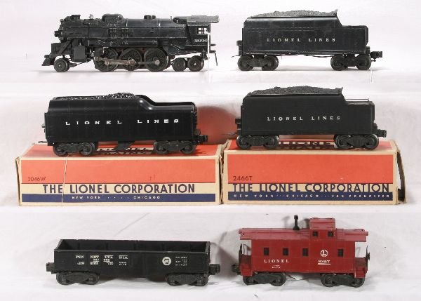 6 Pc. LIONEL Post War Group:: 2026 Steam Loco; 6466W Tender; 6452 PRR Gondola; 6357 Caboose; 2046W Tender w/repro cab, ob; 2466T Tender, ob, C6-7