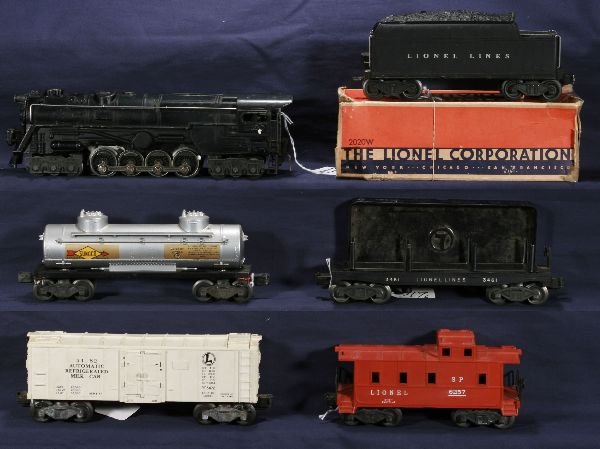 NETTE - 6 Pc. LIONEL 2020 Steam Freight Set:: 2020 Turbine Loco; 2020 Tender w/rough ob; 6465 Sunoco Tank car; 3461 Lumber dump w/bin, no logs; 3482 Milk Car only; 6257 Caboose, C6+ - C7