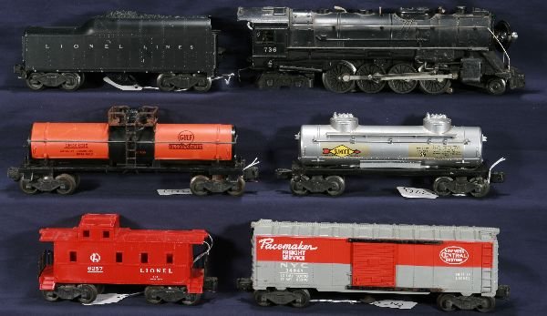 NETTE - 6 Pc. LIONEL 736 Steam Freight Set:: 736 Berkshire Loco, replaced boiler front; 2046W Tender; 6315 Gulf Chemical tank car, platform rusted; 3494 NYC Oper. Boxcar, RS lettered; 6465 Tank car; 6257 Caboose, o/w C6