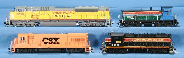 4 HO Ga. Diesel Locomotives:: Kato UP Diesel, Digital; Norfolk Southern SW style Diesel; Atlas CSX Diesel; Florida Midland Diesel, all clean C8, (Locos have been tested on DC analog but are not guaranteed, non working locos have b