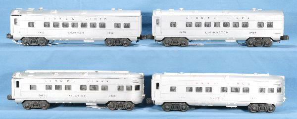 4pc LIONEL Train Lot: 2422 Chatham coach car; 2423 Hillside Obsv car it has a loose truck; 2436 Summit Obsv car; 2429 Livingston coach car C5-6.