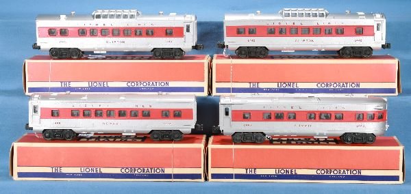 4 Nice Boxed LIONEL Red Stripe Cars:: 2 #2442 Clifton Vista-Domes; 2444 Newark Pullman; 2446 Summit Obsv, bright silver w/nice matte stripes, obs are C8+, Cars C8- Nice! (see lot 345)