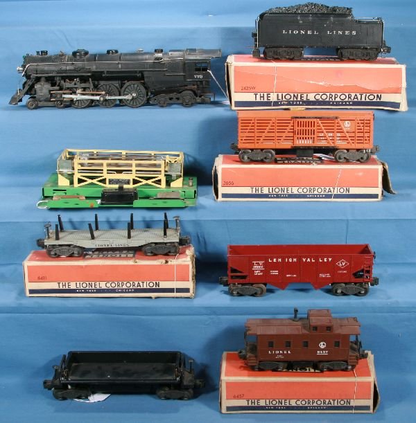 1950 LIONEL Hudson Freight Set:: Original Owner set! 773 Hudson Loco, nice RS Cab lettering, light rust on eccentrics, slides & ash pan; 2426W Diecast Tender, a few small corrosion spots, but clean w/rough ob; 6456 LV Hopper; 6411Fla