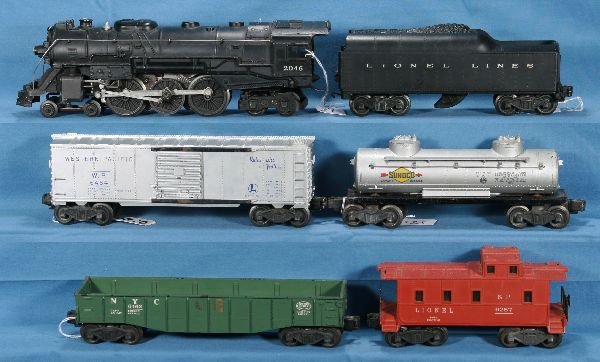 6 Pc. LIONEL 2046 Steam Freight Set:: 2046 Loco, missing 1 jewel; 2046W Tender; 6462-25 Gondola; 6465 Tank Car; 6464-1 WP Boxcar, type I; 6257 Caboose, C6