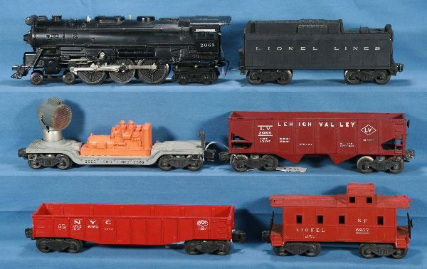6 Pc. LIONEL 2065 Steam Freight Set: 2065 Steam Loco, HS lettering, bent front steps; 6026W Tender; 6562 Gondola; 3620 searchlight Car; 6456 LV Hopper; 6257 Caboose, o/w C6+