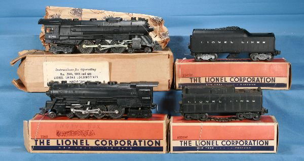 Boxed LIONEL 2046 & 2065 Steamers: 2046 Loco, corrosion on steam chest 1 side, o/w extra clean & nice; 2046W Tender, trucks have corrosion 1 side, top super, obs w/loco wrapping, obs o/w C7+; 2065 Loco, HS lettering; 6026W Tender, obs
