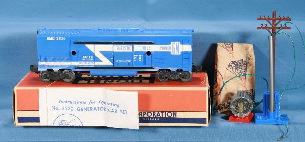 NMint Boxed LIONEL 3530 Generator Car: Tougher variation, long stripe, blue Tanks w/blue base pole, instr., wrapping, unrun, ob has flap tear, o/w C9 WOW!