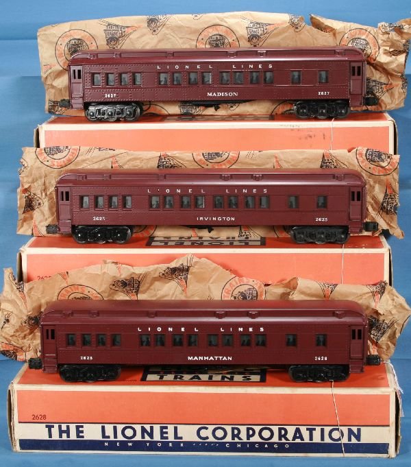 Super NMint Boxed LIONEL Madison Cars: 1950 versions w/centered lettering, wrapped couplers & silhouettes, 2625 Irvington; 2627 Madison; 2628 Manhattan, all steps intact, nice, even patina in correct darker tuscan, rack marks are correct o