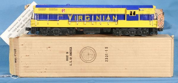 NMint Boxed LIONEL 2331 Virginian FM: Super clean with NO cracks! Decals 100% on Blue mold, unrun w/instr. & wrap, ob #2331-15 w/insert, clear tape on opened end, o/w C9 WOW!