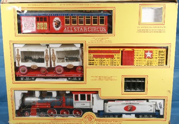 Boxed BACHMANN Emmet Kelley Circus:: G Ga., 4-6-0 Steam Loco & Tender; Flat w/Cages missing animals; Stock Car missing elephant; Billboard Car, Emmitt figure & straight Track, no curves or power pack, osb o/w C7+
