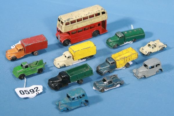 11 Pc. Vehicle Box Lot:: Dinky 29C D-Decker Bus & mixed, mostly solid cast small vehicles, most as-is, C3-5