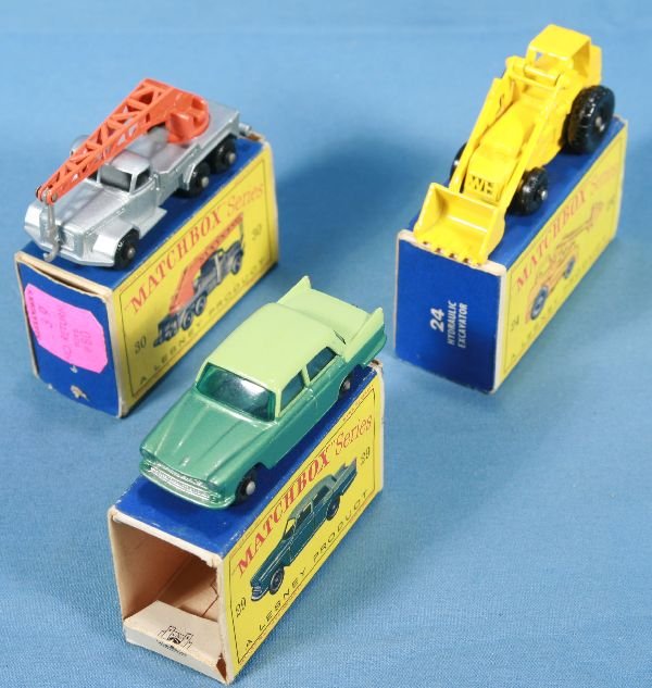 3 Boxed MATCHBOX Vehicles:: 24B2, missing rear decal, ob minor wear, Base has some white paint applied for owner ID, o/w C9; 30B8, ob minor wear, Base has some white paint applied for owner ID, o/w C8+; 29B3, ob worn, Base has s