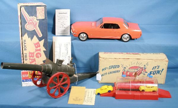 3 Piece Toy Lot, Mustang, Cannon: Ideal's Car Wash, w/2 vehicles, ob C7+; Big Bang Cannon, one of the larger size examples, sold as a kit, ob w/instr, C7; 1965 Bat. Op Mustang, 16" Long, not working(1 wire looks loose), plastic w/meta