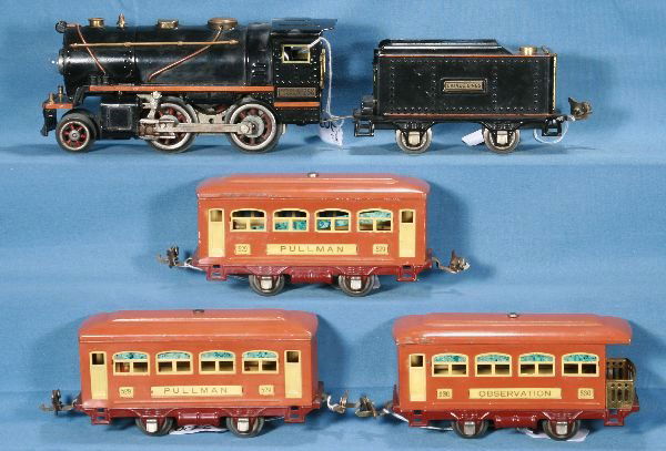 NETTE - 5 Pc. LIONEL 258 Passenger Set: 258 Loco, nice striping; 257T diecast Tender, nice stripes; 2 #529 Pullmans, 1 has separation in 1 end panel(not offensive); 530 Obsv., clean & shiny, o/w C7