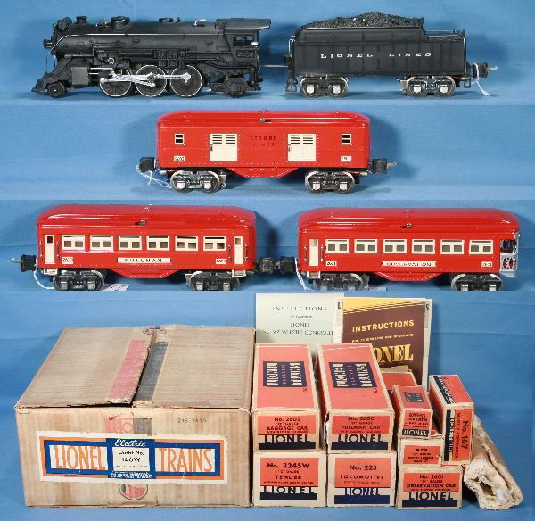 NETTE - Fantastic Boxed LIONEL Set 146W: WOW! This set is awesome. 225 Loco; 2245W Diecast Tender; 2602 Baggage; 2600 Pullman; 2601 Obsv, patina and lettering are exemplary! Loco has a near perfect matte patina, tender has great lettering an