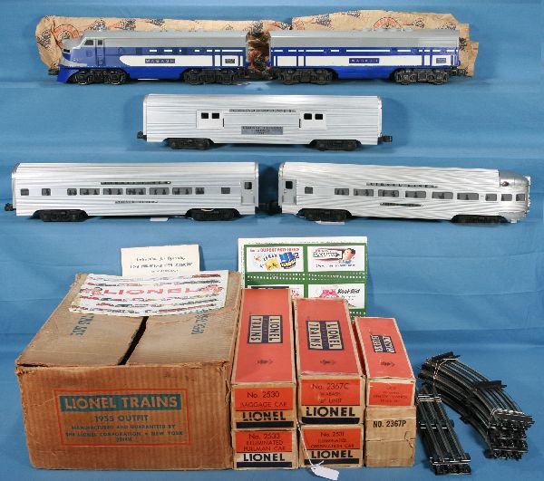 NETTE - Boxed 1955 LIONEL Set 2244W: 2367 Wabash F3 AB Diesels, double motors, bat box clean, decal cracked at door frame, but not too badly; 2530 Baggage car; 2533 Cloud Pullman; 2531 Dawn Obsv, mixed rivets, obs some flap repair, missi