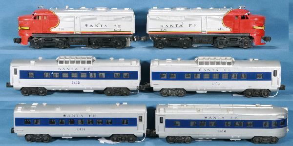 NETTE - 6 Pc. LIONEL 218 Passenger Set: 212 SF Alco AA Diesels, both cowls broken; 2 #2412 Astra-Domes; 2414 Pullman; 2416 Obsv, all blue stripes, lettered sf, cars will clean to C7