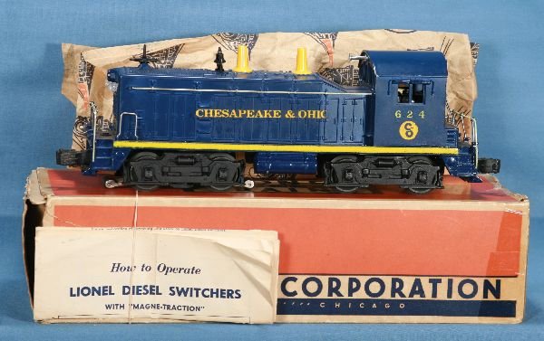 NETTE - Boxed LIONEL 624 C&O NW-2 Diesel:: Decaled version w/97% decals, clean w/light run time, ob taped w/insert & wrapping, o/w C7+