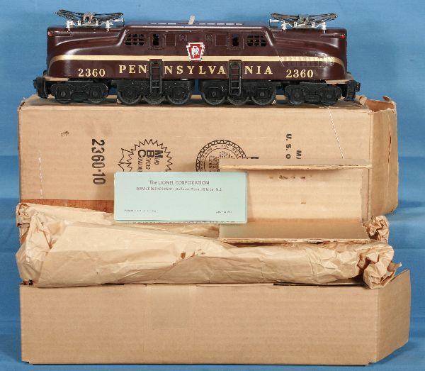 NETTE - NMint Boxed LIONEL 2360 PRR GG1: RS stripe on tuscan body, 1 end decal 90%, o/w 100%, two minor chips near trucks, even ventilators, UNRUN, wrapping, ob w/BOTH inserts, o/w C9- WOW!