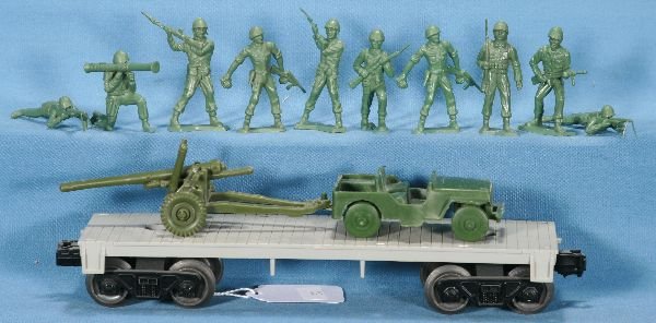 NETTE - Scarce LIONEL Flat w/Jeep & Soldiers:: 6401-25 Gray Flat w/Payton 958-150 Jeep; 958-175 Canon, pivot point broken, piece is olive green, (o/w C6); 975-1 Squad of Soldiers, o/w moss green, o/w C8 Scarce!