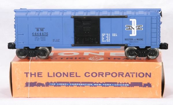 NETTE - Scarce LIONEL Painted 6464-475:: Tough B&M Boxcar, dark blue painted on white mold, type IV, unrun, ob C9 WOW!