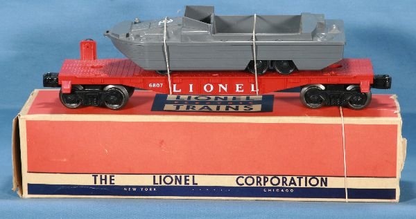 NETTE - Boxed LIONEL 6807 Flat with DKW:: Original load & bands, ob missing flaps 1 side, C8