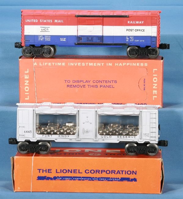 NETTE - LN Boxed LIONEL 6445 & 6428 Freights:: 6445 Fort Knox Gold Reserve Bank, beautiful Silver, intact; 6428 US Mail Boxcar, obs C8