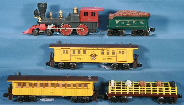 NETTE - 5 Pc. LIONEL General Set: 1862 WM Crooks Steam Loco, missing whistle, two broken handrails; 1862T Tender; 1866 Baggage; 1865 Coach, missing 1 vent cap; 6401 flat w/added rails & horses, o/w C6