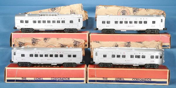 NETTE - 4 Nice Boxed LIONEL Pass. Cars: 2432 Clifton Vista-Dome; 2434 Newark Pullman; 2435 Elizabeth Pullman; 2436 Summit Obsv. All red letters, even nice silver all lightly run, wrapping obs have some wear, C7, cars C7-7+