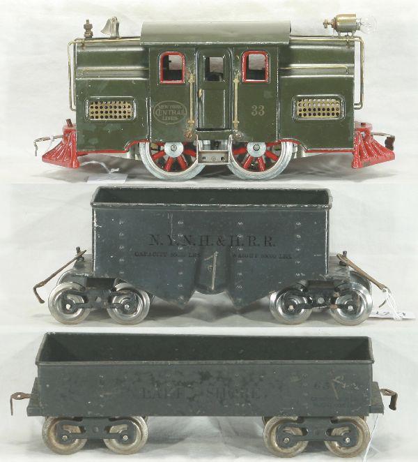 NETTE - LIONEL 33, 112 & 116: ST. Ga., 33 Electric, late replaced wheels, toughed-up; 112 Lake Shore Gondola; 116 NYNH&H Ballast Car, o/w C6