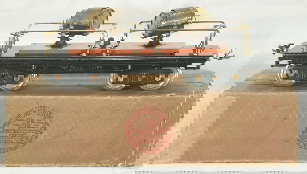 NETTE - Boxed LIONEL 220 Searchlight Car: ST. Ga., Terra-Cotta top w/brass trim, nice lettering, clean & shiny, but spiderwebed, ob worn, C6