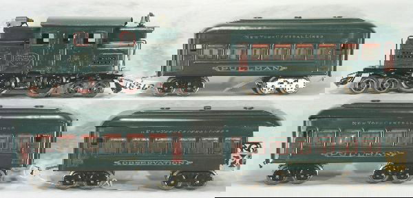 NETTE - 4pc LIONEL 156 Passenger Set: 156 4-4-4 Electric, frame repaired, roof repainted; 2 Restored 610 Pullmans; Restored 612 Obsv., loco o/w C5