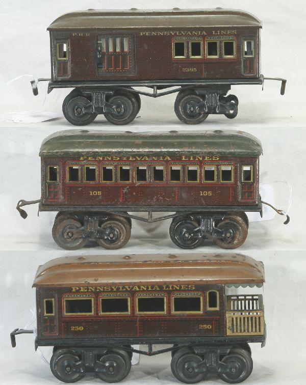 NETTE - 3pc BING O Ga. PRR Passenger Cars:: 2395 Combine, 1 door loose, C6; 105 Coach, rood dented, C5; 250 Obsv., o/w C6