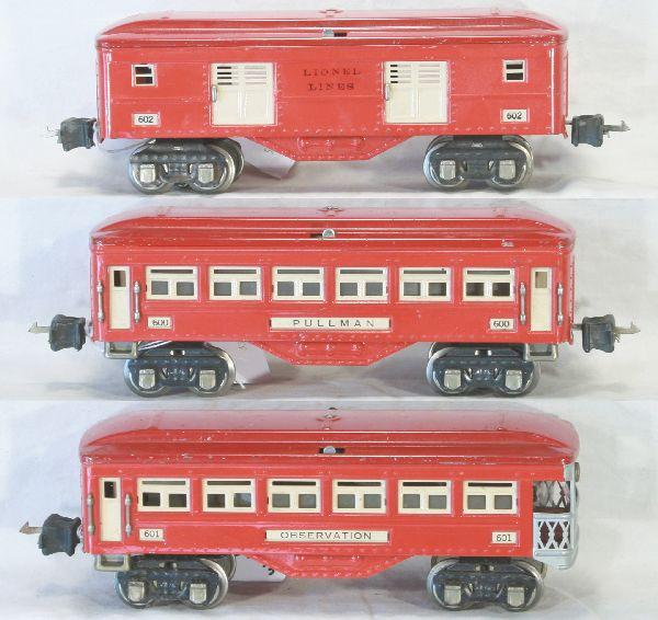 NETTE - 3 LIONEL Passenger Cars 600, 601 & 602: Get a 265, 249 or 238 & build a set! 602 Baggage, nice lettering; 600 Pullman; 601 Obsv., all MBC, clean & shiny, C6+