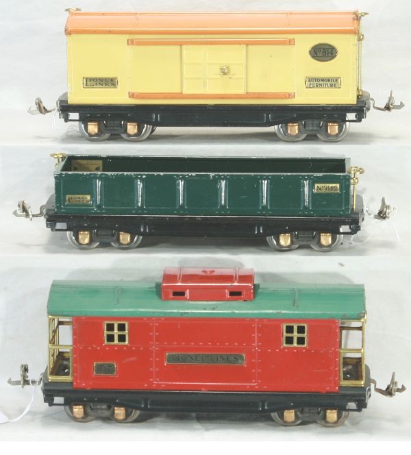NETTE - 3 LIONEL 800 Series Cars:: 814 Boxcar; 812 Gondola; 817 Caboose, all clean & shiny, C6+