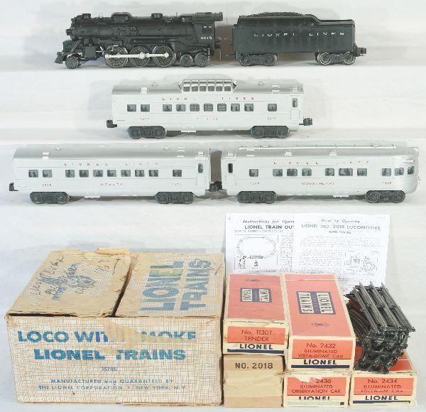 NETTE - Tough Boxed LIONEL Set 1578S: Circa 1957, 2018 Steam Loco; 1130T Tender; 2432 Clifton Vista-Dome; 2434 Newark Pullman; 2436 Mooseheart Obsv, cars have nice silver w/red letters, obs are C7+, Track & some peripherals, scarce osb ha