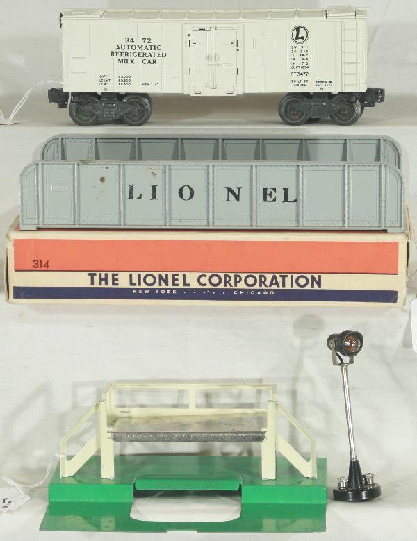 NETTE - LIONEL 3472, 314 & 70:: 70 Yard Lamp; 3472 Milk Car w/Platform; 314 Girder Bridge(C6), ob o/w C7