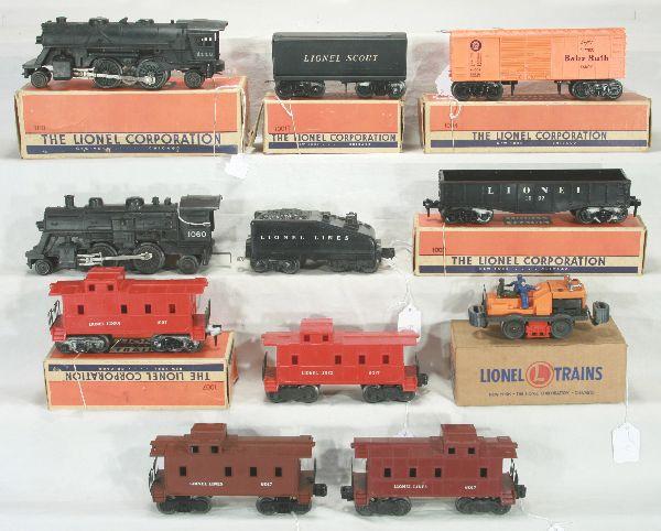 NETTE - 11 Pc. LIONEL Lot: Scout Set-1110 Loco; 1001T Tender; 1002 Gondola; 1004 Boxcar; 1007 Caboose, light added, all obs; 1060 2-4-2 Loco; 1050T Slant Tender; 3 #6017 Cabooses; 50 Gang Car w/instr, ob o/w C7