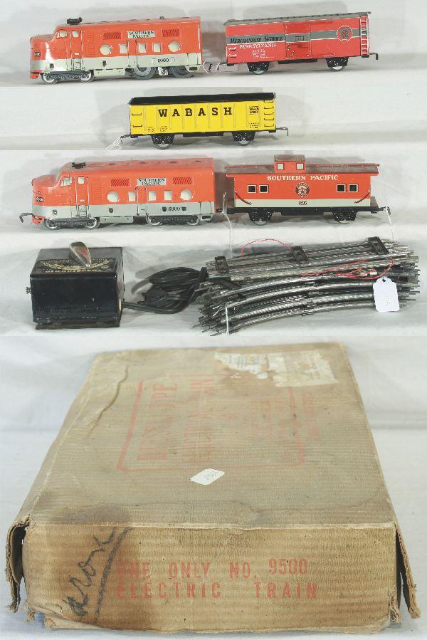 NETTE - Boxed MARX SP Set 9500:: 6000 SP F9 AA Diesels, missing 1 horn; Wabash Gondola; PRR Boxcar; 1235 SP Caboose, T&T, worn osb w/inserts & instr., C6