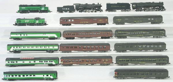 NETTE - 3 N Ga. Passenger Sets:: Atlas C&O 2-8-4 Steam Loco, missing some side rod pieces, K/C; Atlas SF Heavyweight Combine; Diner; 2 Pullmans; Obsv.; Unmarked Japan BN RS-3 & U38 style Diesels w/Combine; Vista-Dome, Coach & Obsv, a