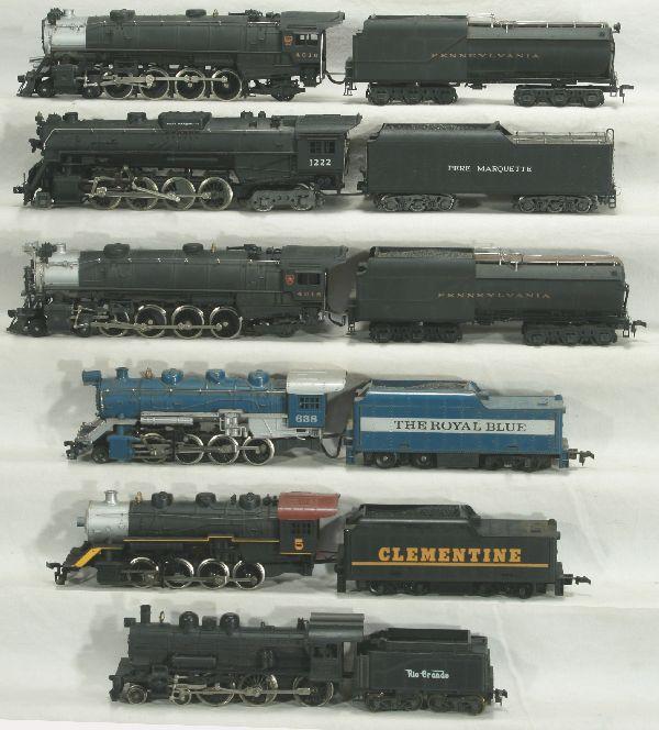 NETTE - 6 HO Ga. Steam Locomotives:: Lilliput RG 4-6-0 & tender; 2 Penco PRR 4-8-2 locos & tenders; Tyco 0-8-0 Clementine Loco & tender; Tyco The Royal Blue Loco & tender; Rivarossi 2-8-4 PM Loco & tender, dusty, should clean nicely, o/w