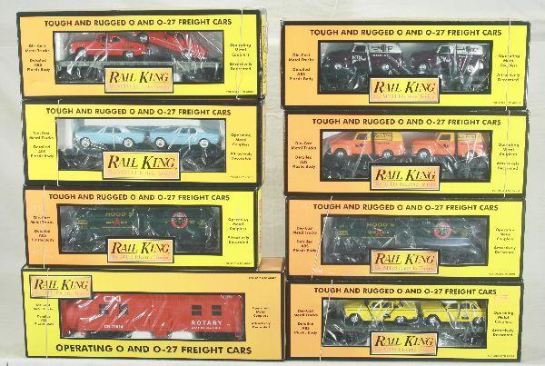 NETTE - 8 MTH RailKing Freight Cars:: 2 #30-73205 Tank Cars; 7625 Taxi Flat; 7922 Rotary Snow Plow; 7681 Vans Flat; 7617 Mustangs Flat; 7623 Fire Cars Flat; 76002 Vans Flat, obs C8-9