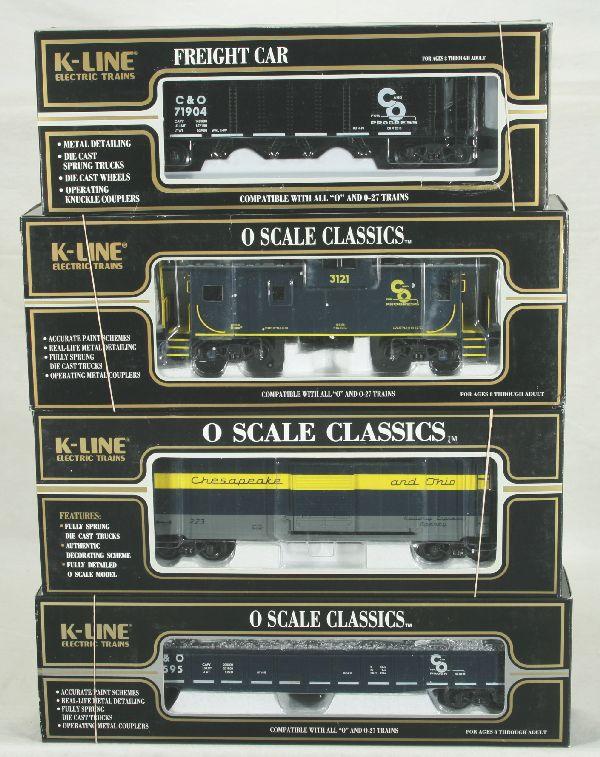 NETTE - 4 K-LINE C&O Freight Cars:: 623-1251 Cast Hopper; 652-1251 Cast Gondola; 613-1251 Caboose; 761-1251 Boxcar, obs C9+