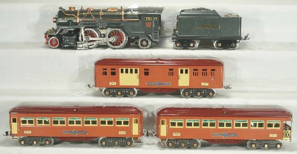 NETTE - LIONEL 385E Passenger Set 367E:: ST. Ga., 385E Steam Loco, frame is straight, steam chest is a black fatigued piece, boiler front is an original black one; 384T-G Tender, dark gunmetal; 1767 Baggage Car; 1766 Pullman; 1768 Obsv., car